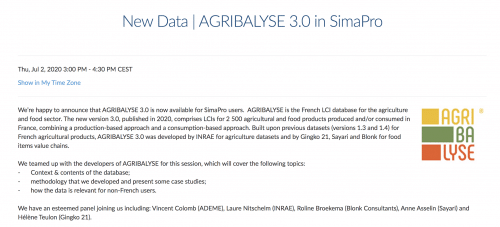 Webinair (full english) sur Agribalyse 3.0 à destination des utilisateurs de  SimaPro à l’échelle internationale – Jeudi 2 juillet !